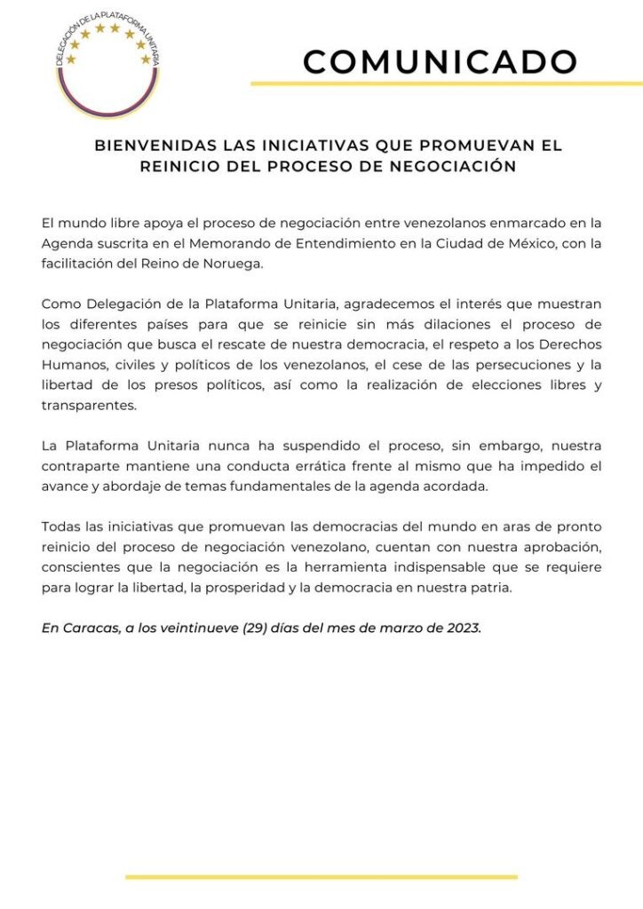 Plataforma Unitaria saluda iniciativa de Colombia para reiniciar ...