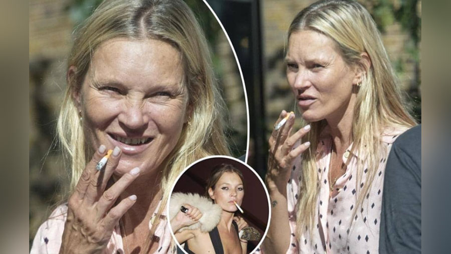 Sem maquiagem, Kate Moss é clicada fumando na frente de