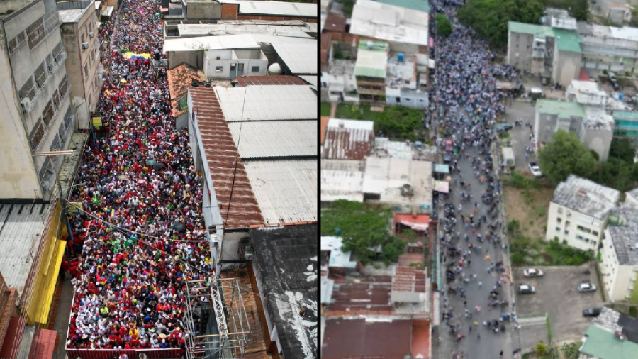 Marchas del Chavismo (izquierda) y de la oposición (derecha) en La Victoria