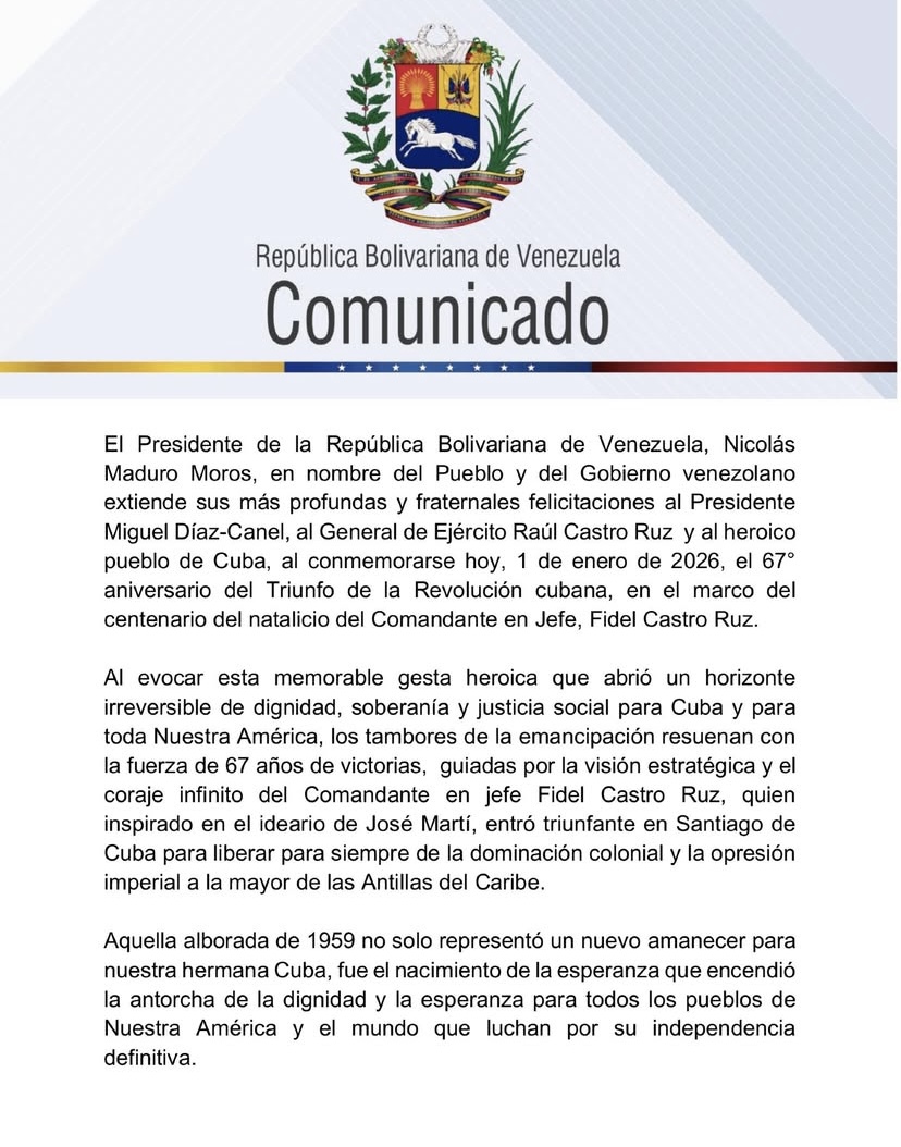 Venezuela felicita a Cuba en el 67° aniversario del Triunfo de la ...