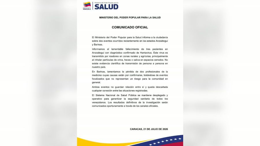 Ministerio de Salud descarta contagio de hantavirus tras muertes en Anzoátegui y Barinas Ministerio de Salud descarta contagio de hantavirus tras muertes en Anzoátegui y Barinas
