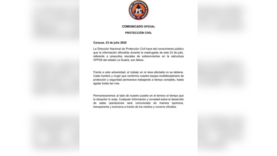 Protección Civil desmiente rescate de sobrevivientes en estructura OPP26 de La Guaira
